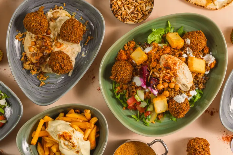 Verschiedene Teller mit Falafel, Pommes, Salat, Kichererbsen und Saucen auf hellem Untergrund