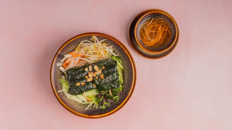 Zwei braune Schalen auf rosa Untergrund, eine mit in Blättern gewickeltem Gericht und Gemüse, die andere mit klarer Suppe und Gemüsestreifen